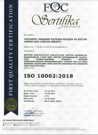 Vizyonist Akademi ISO 100002 2018 Sertifika